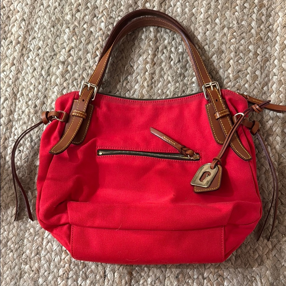 Dooney & Bourke Red and Brown Shoulder Bag with Gold Accents